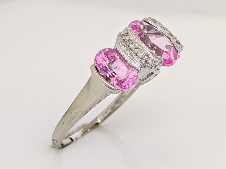 14K WHITE LAB-CREATED PINK SAPPHIRE OVAL (3) WTH .20 DIAMOND TOTAL WEIGHT HALF BEZEL ESTATE RING 4.2 GRAMS