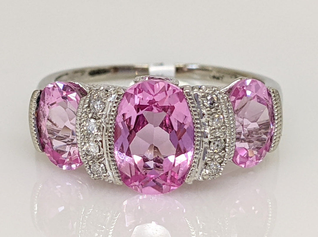 14K WHITE LAB-CREATED PINK SAPPHIRE OVAL (3) WTH .20 DIAMOND TOTAL WEIGHT HALF BEZEL ESTATE RING 4.2 GRAMS