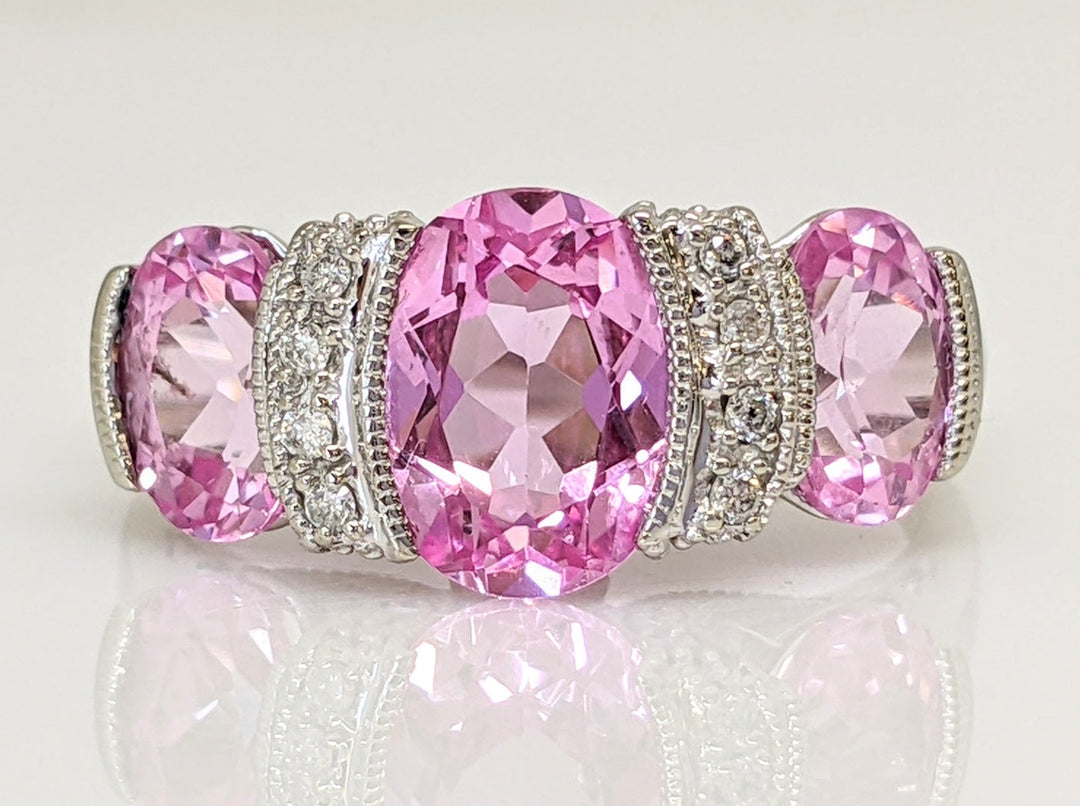 14K WHITE LAB-CREATED PINK SAPPHIRE OVAL (3) WTH .20 DIAMOND TOTAL WEIGHT HALF BEZEL ESTATE RING 4.2 GRAMS