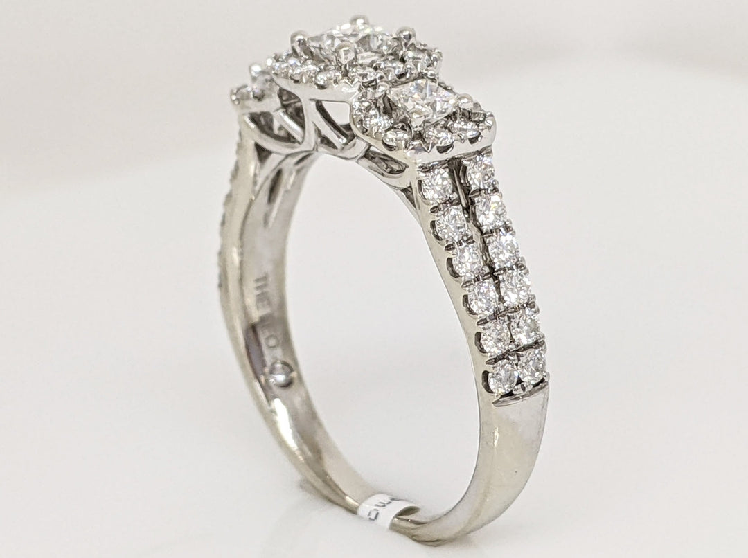 14K WHITE .94 CARAT TOTAL WEIGHT SI2 G DIAMOND PRINCESS CUT (3) ROUND (48) ESTATE HALO TRINITY RING 4.1 GRAMS