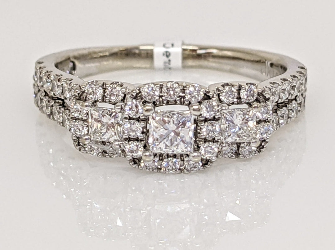 14K WHITE .94 CARAT TOTAL WEIGHT SI2 G DIAMOND PRINCESS CUT (3) ROUND (48) ESTATE HALO TRINITY RING 4.1 GRAMS