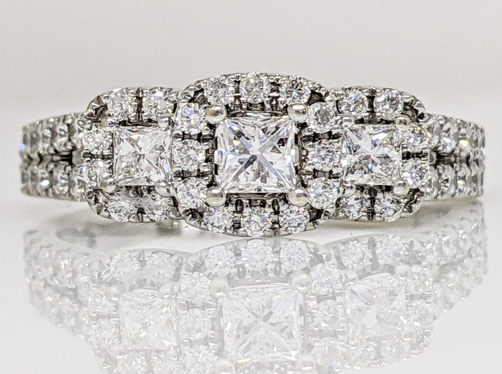 14K WHITE .94 CARAT TOTAL WEIGHT SI2 G DIAMOND PRINCESS CUT (3) ROUND (48) ESTATE HALO TRINITY RING 4.1 GRAMS