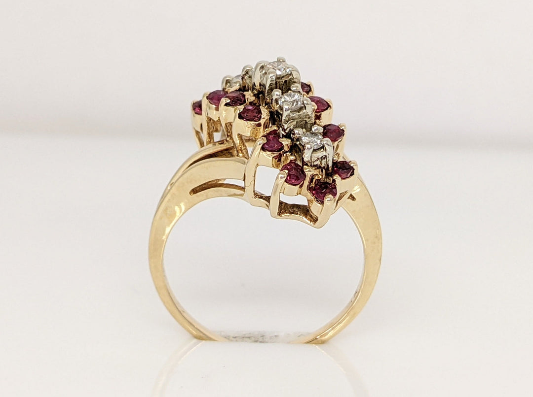 14K RUBY ROUND (14) 1.75MM DIAMOND (5) 1.75MM ESTATE CLUSTER RING 4.6 GRAMS