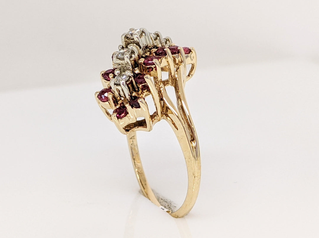 14K RUBY ROUND (14) 1.75MM DIAMOND (5) 1.75MM ESTATE CLUSTER RING 4.6 GRAMS