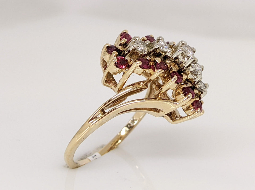 14K RUBY ROUND (14) 1.75MM DIAMOND (5) 1.75MM ESTATE CLUSTER RING 4.6 GRAMS