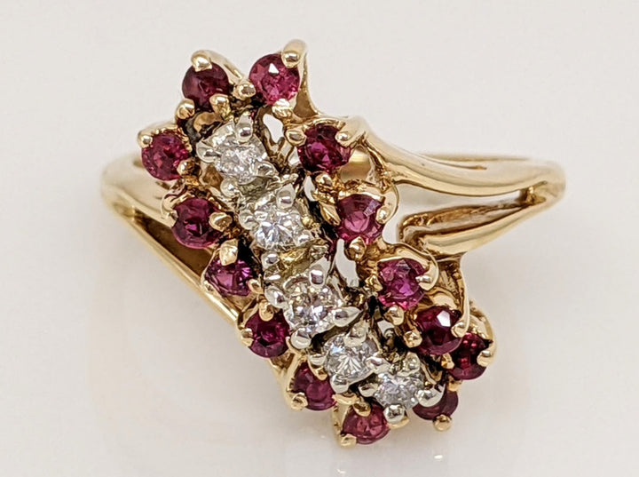 14K RUBY ROUND (14) 1.75MM DIAMOND (5) 1.75MM ESTATE CLUSTER RING 4.6 GRAMS