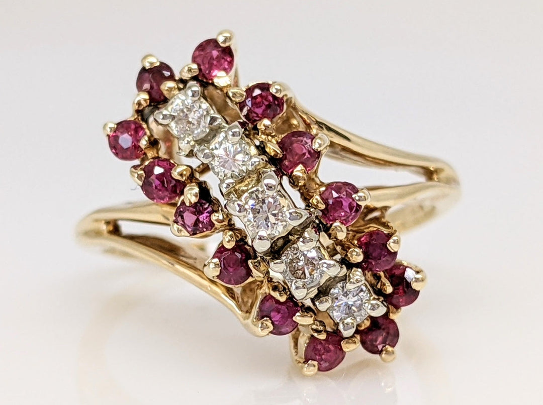 14K RUBY ROUND (14) 1.75MM DIAMOND (5) 1.75MM ESTATE CLUSTER RING 4.6 GRAMS