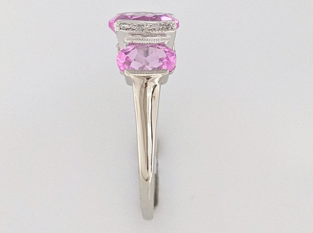 14K WHITE LAB-CREATED PINK SAPPHIRE OVAL (3) WTH .20 DIAMOND TOTAL WEIGHT HALF BEZEL ESTATE RING 4.2 GRAMS