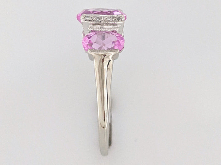 14K WHITE LAB-CREATED PINK SAPPHIRE OVAL (3) WTH .20 DIAMOND TOTAL WEIGHT HALF BEZEL ESTATE RING 4.2 GRAMS