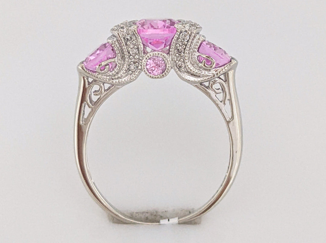 14K WHITE LAB-CREATED PINK SAPPHIRE OVAL (3) WTH .20 DIAMOND TOTAL WEIGHT HALF BEZEL ESTATE RING 4.2 GRAMS