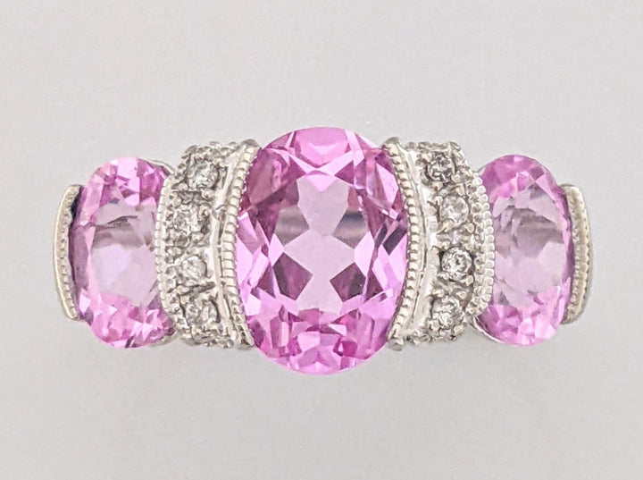 14K WHITE LAB-CREATED PINK SAPPHIRE OVAL (3) WTH .20 DIAMOND TOTAL WEIGHT HALF BEZEL ESTATE RING 4.2 GRAMS