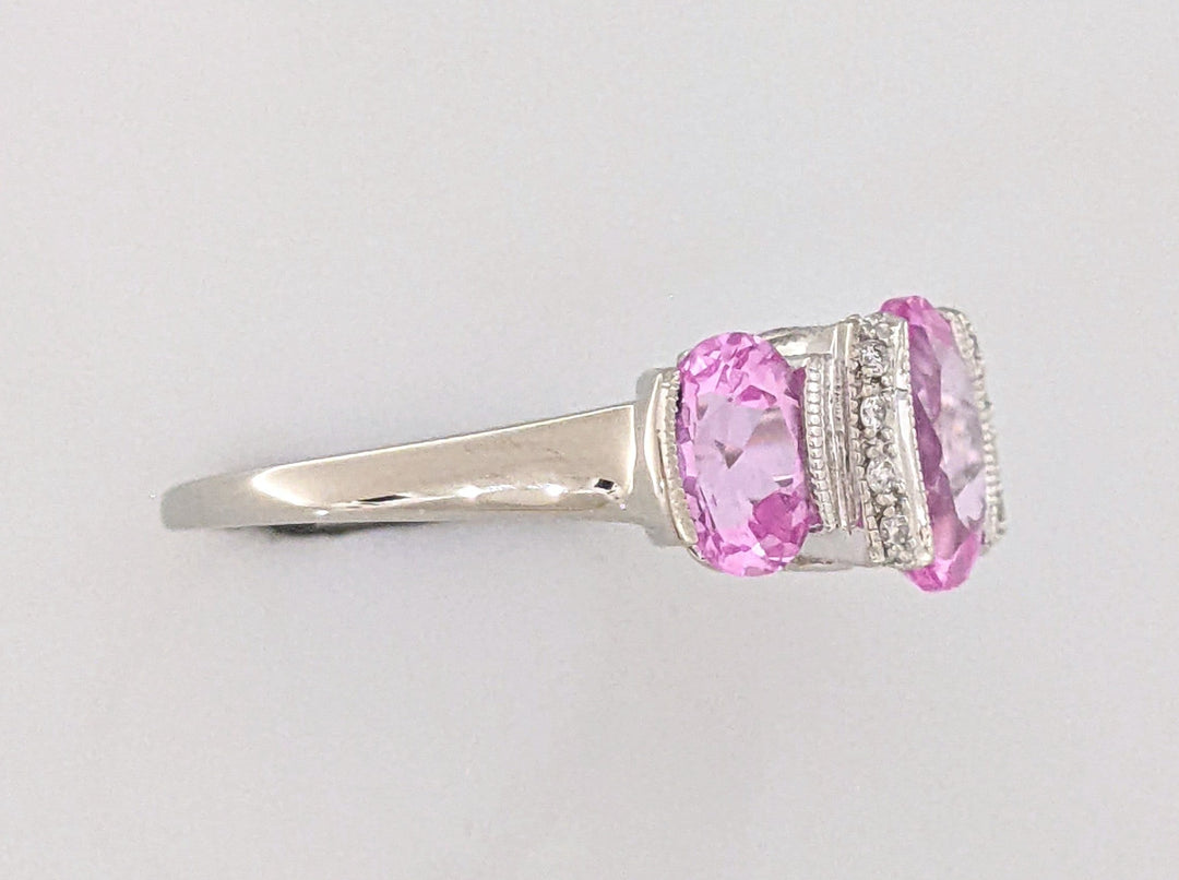 14K WHITE LAB-CREATED PINK SAPPHIRE OVAL (3) WTH .20 DIAMOND TOTAL WEIGHT HALF BEZEL ESTATE RING 4.2 GRAMS