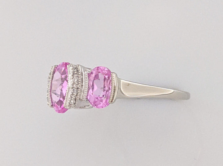 14K WHITE LAB-CREATED PINK SAPPHIRE OVAL (3) WTH .20 DIAMOND TOTAL WEIGHT HALF BEZEL ESTATE RING 4.2 GRAMS