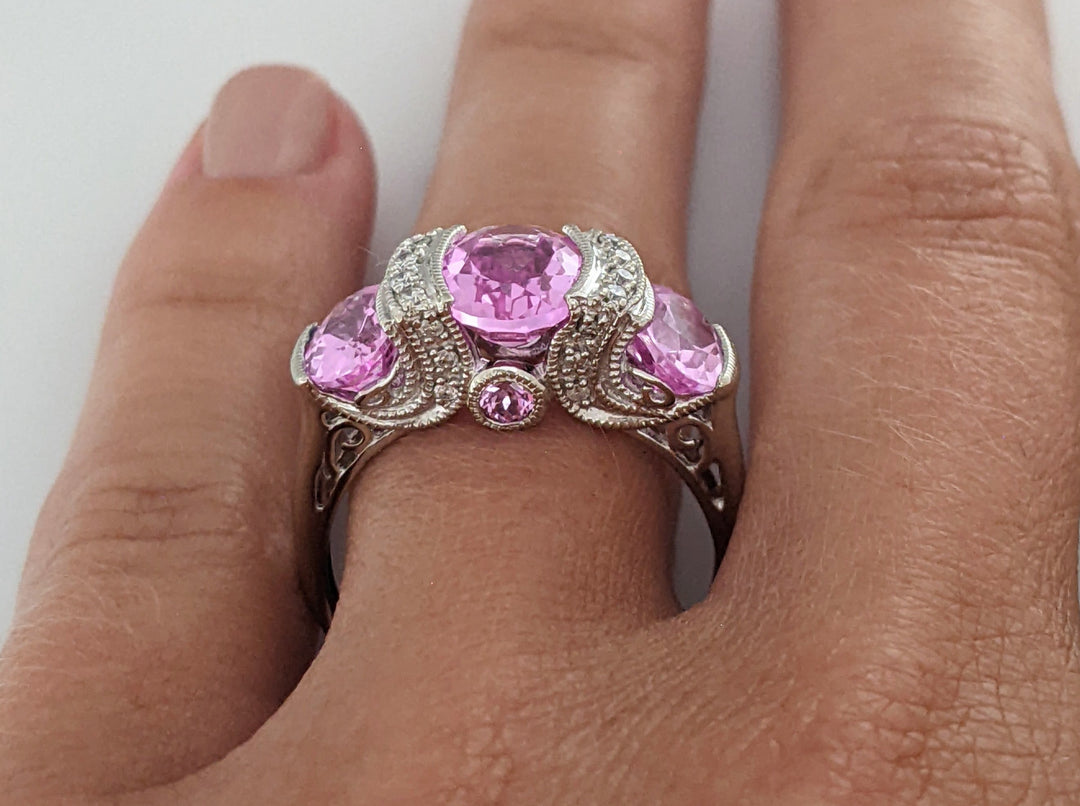 14K WHITE LAB-CREATED PINK SAPPHIRE OVAL (3) WTH .20 DIAMOND TOTAL WEIGHT HALF BEZEL ESTATE RING 4.2 GRAMS