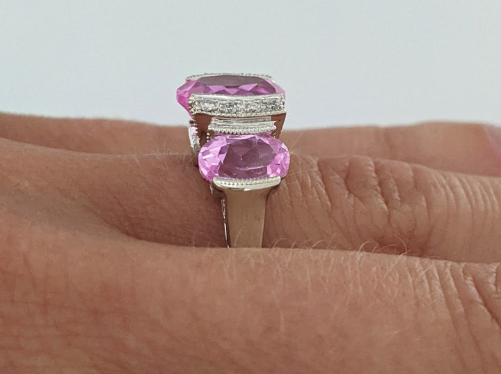 14K WHITE LAB-CREATED PINK SAPPHIRE OVAL (3) WTH .20 DIAMOND TOTAL WEIGHT HALF BEZEL ESTATE RING 4.2 GRAMS