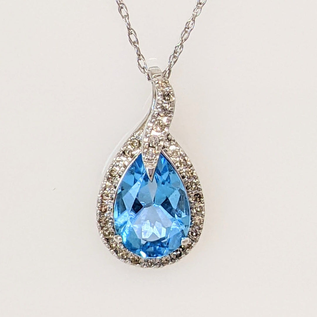 10K WHITE BLUE TOPAZ PEAR 6X9 WITH MELEE HALO ESTATE PENDANT &amp; CHAIN 1.4 GRAMS