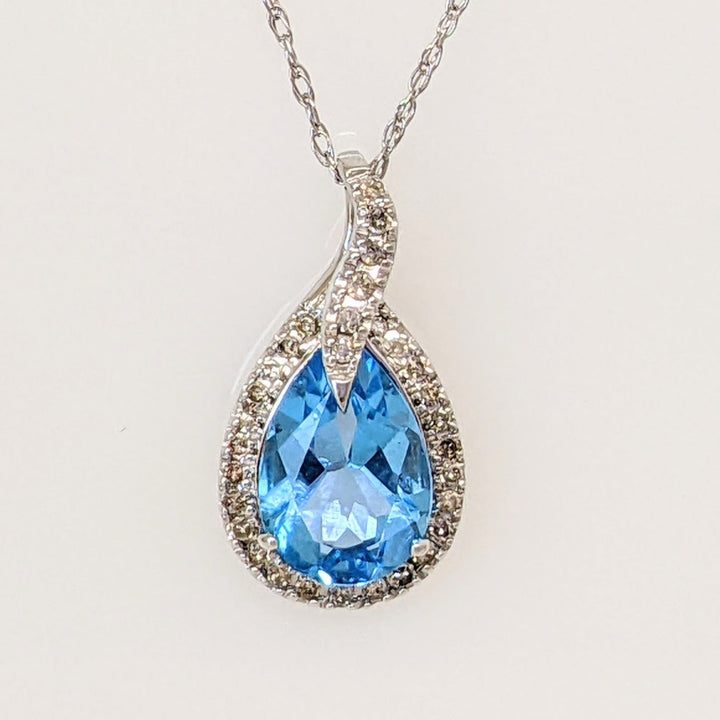 10K WHITE BLUE TOPAZ PEAR 6X9 WITH MELEE HALO ESTATE PENDANT &amp; CHAIN 1.4 GRAMS