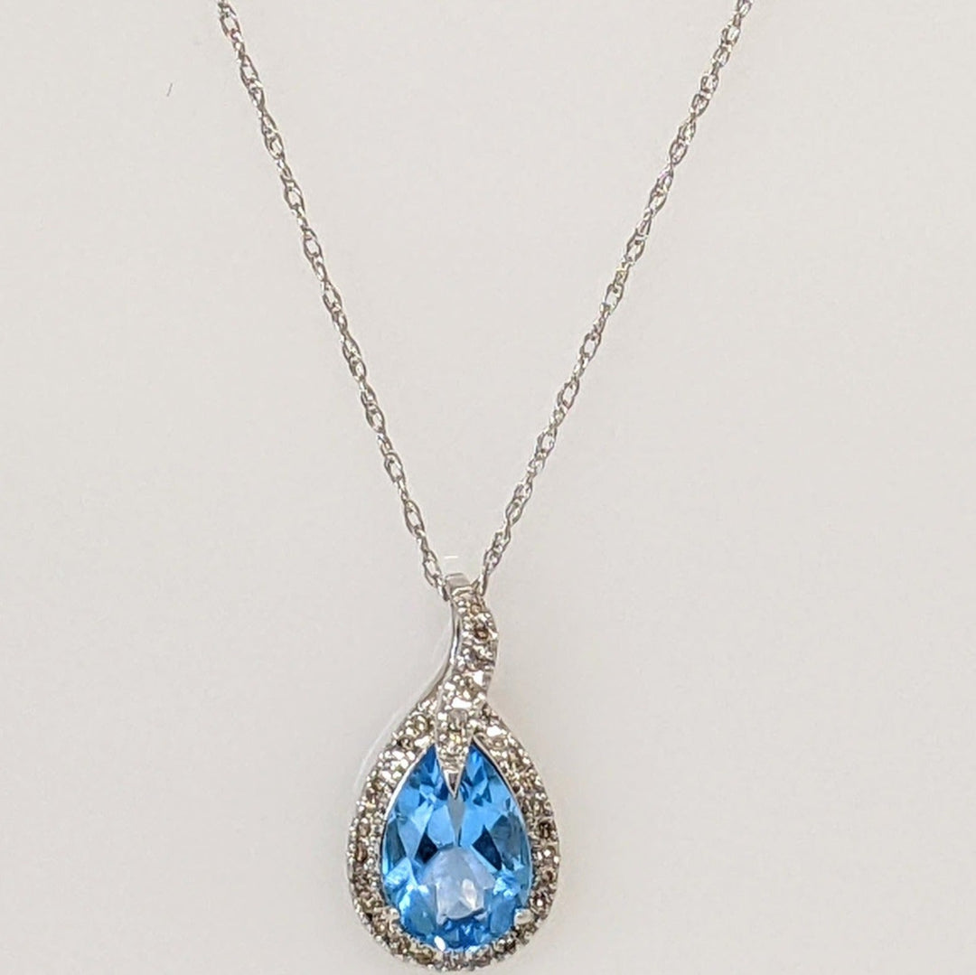 10K WHITE BLUE TOPAZ PEAR 6X9 WITH MELEE HALO ESTATE PENDANT &amp; CHAIN 1.4 GRAMS