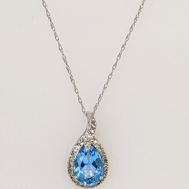 10K WHITE BLUE TOPAZ PEAR 6X9 WITH MELEE HALO ESTATE PENDANT &amp; CHAIN 1.4 GRAMS