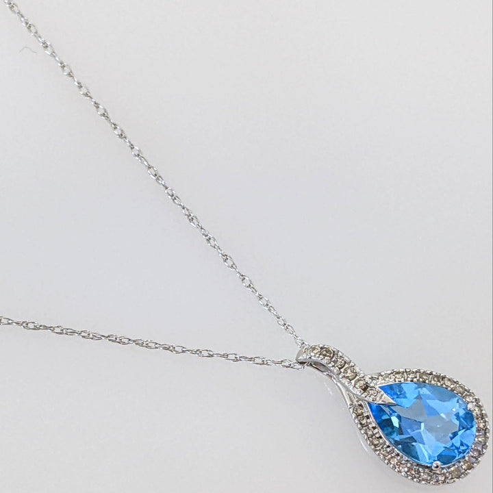 10K WHITE BLUE TOPAZ PEAR 6X9 WITH MELEE HALO ESTATE PENDANT &amp; CHAIN 1.4 GRAMS