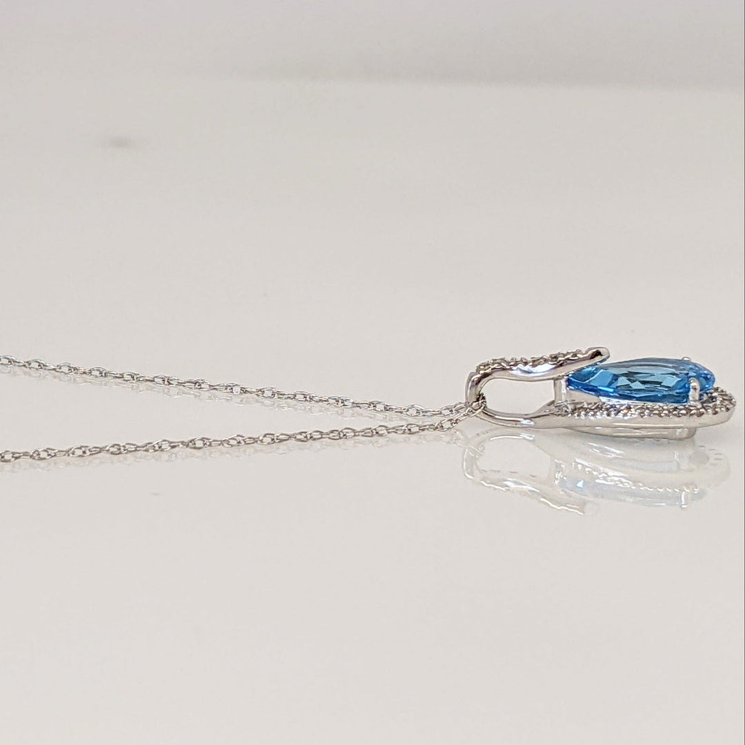 10K WHITE BLUE TOPAZ PEAR 6X9 WITH MELEE HALO ESTATE PENDANT &amp; CHAIN 1.4 GRAMS