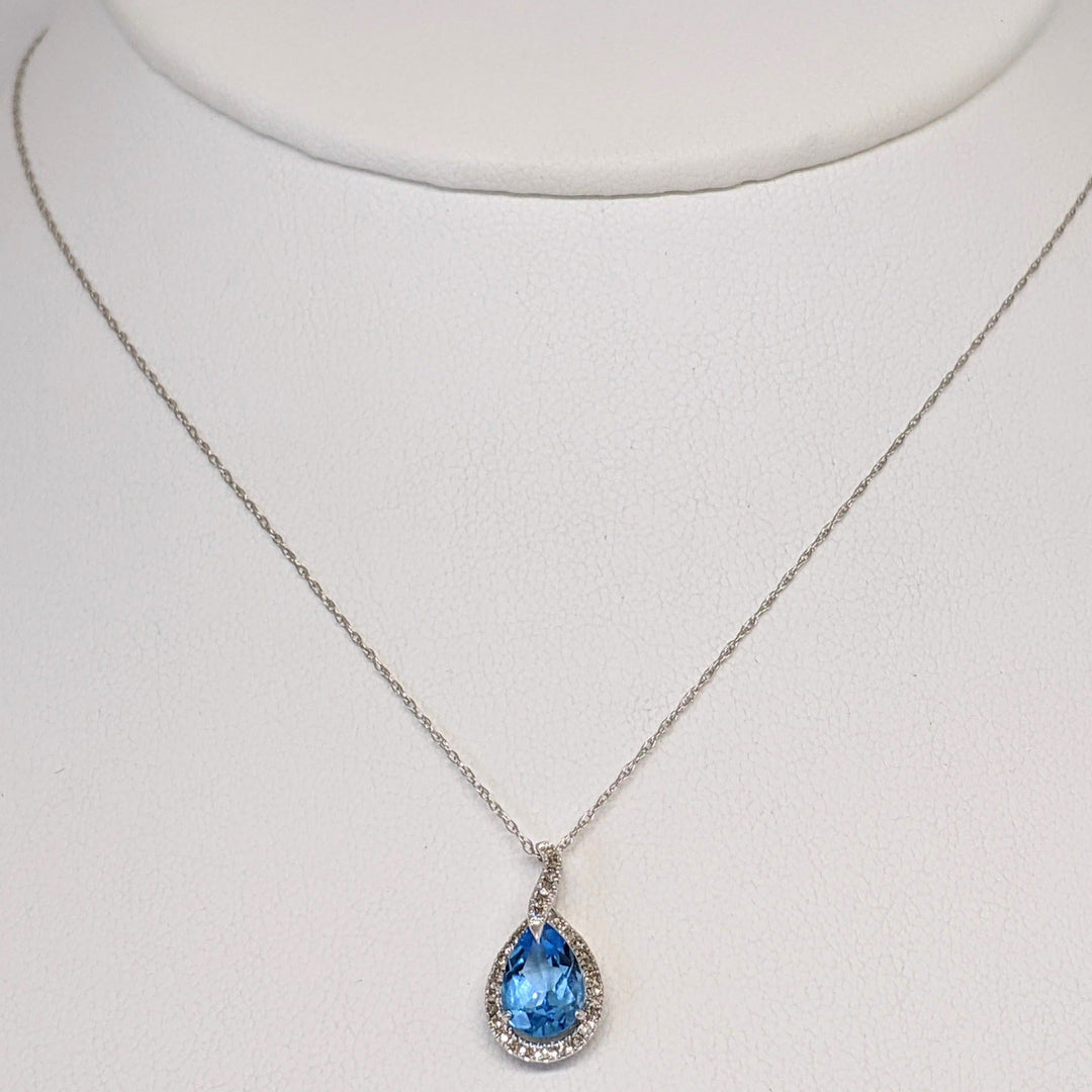 10K WHITE BLUE TOPAZ PEAR 6X9 WITH MELEE HALO ESTATE PENDANT &amp; CHAIN 1.4 GRAMS