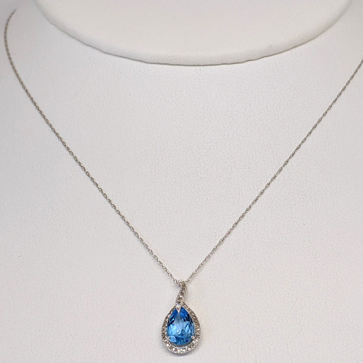 10K WHITE BLUE TOPAZ PEAR 6X9 WITH MELEE HALO ESTATE PENDANT &amp; CHAIN 1.4 GRAMS