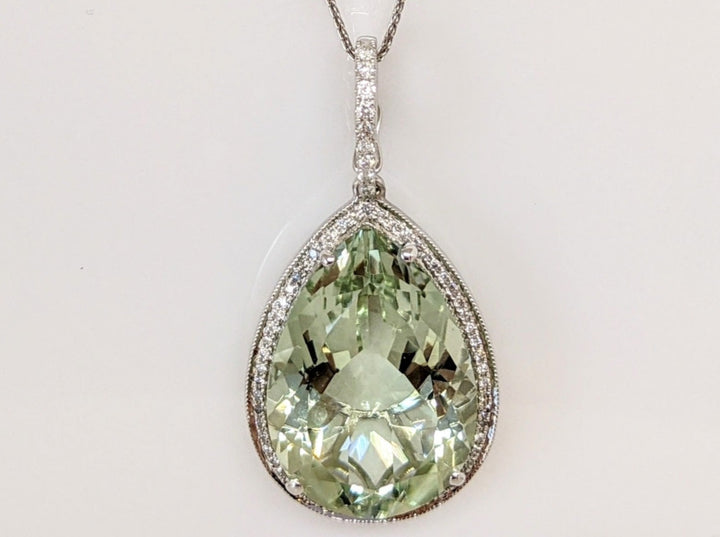 14K WHITE GREEN QUARTZ PEAR 18X25 WITH .61DTW ESTATE PENDANT & CHAIN 12.0 GRAMS