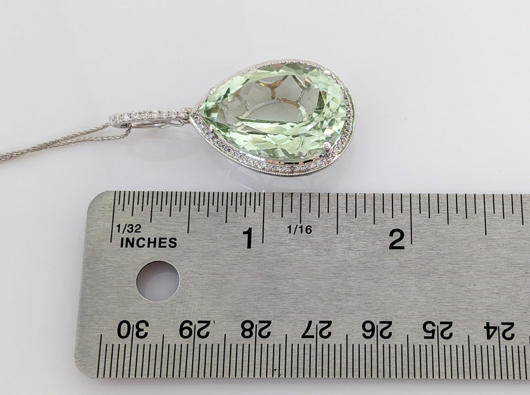 14K WHITE GREEN QUARTZ PEAR 18X25 WITH .61DTW ESTATE PENDANT & CHAIN 12.0 GRAMS