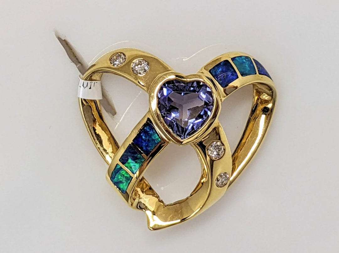 18K TANZANITE HEART 7MM WITH DOUBLET OPAL AND (4) DIAMOND ESTATE SLIDE 5.8 GRAMS