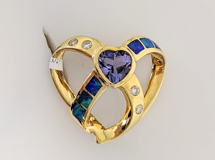 18K TANZANITE HEART 7MM WITH DOUBLET OPAL AND (4) DIAMOND ESTATE SLIDE 5.8 GRAMS