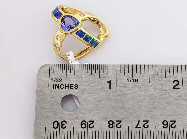 18K TANZANITE HEART 7MM WITH DOUBLET OPAL AND (4) DIAMOND ESTATE SLIDE 5.8 GRAMS