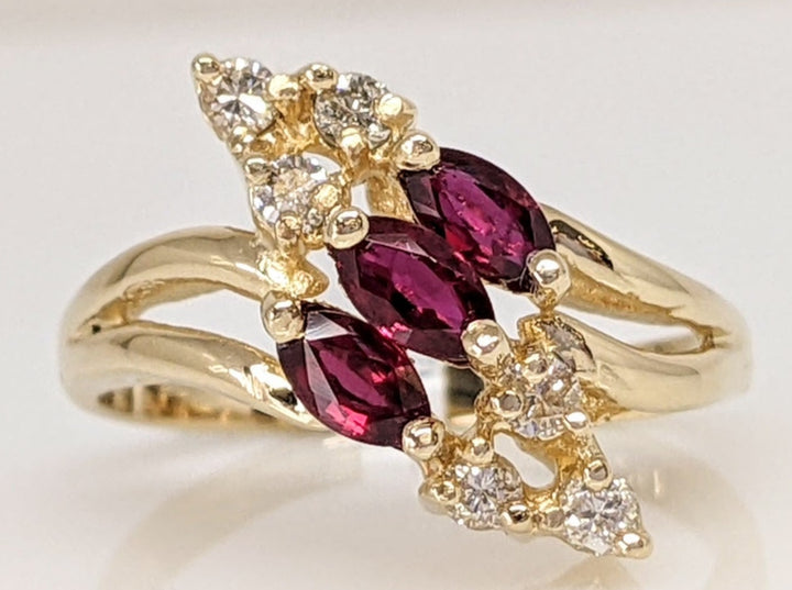 14K RUBY MARQUISE (3) 2.5X4 WITH .12DTW I1 I (6) ROUND ESTATE RING 3.1 GRAMS