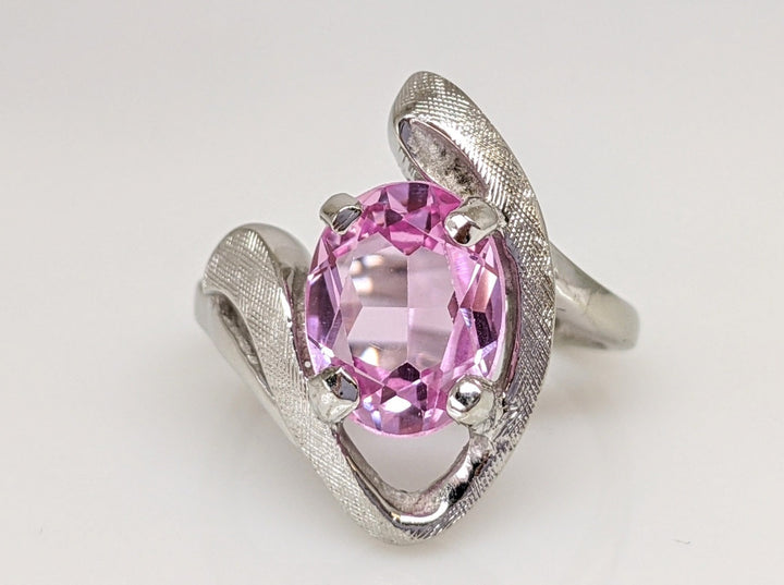 10K LAB-CREATED PINK SAPPHIRE OVAL 8X10 BRUSHED FREE FORM ESTATE RING 4.5 GRAMS