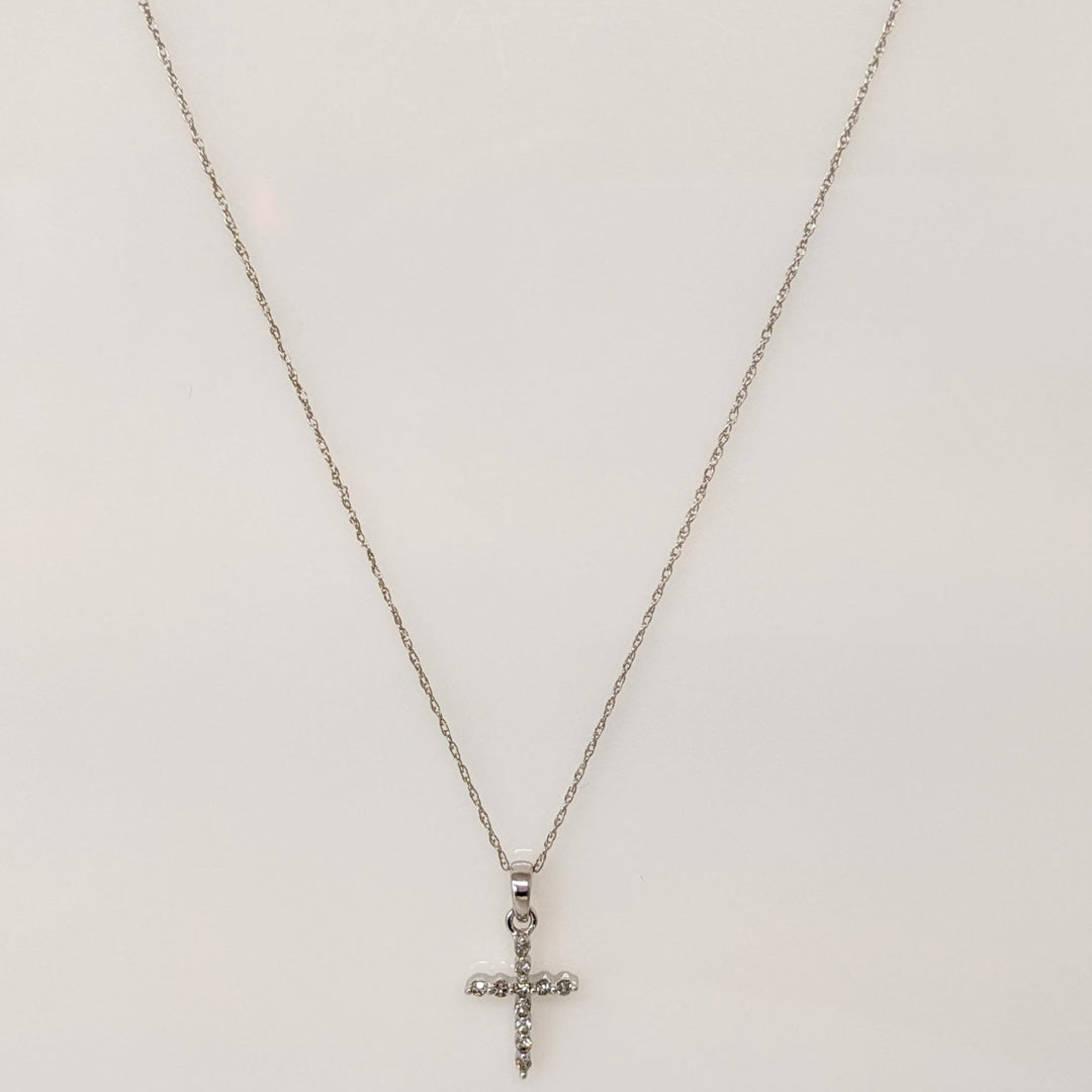 14K WHITE .08CTW DIAMOND ROUND (11) ESTATE CROSS PENDANT & CHAIN 1.3 GRAMS