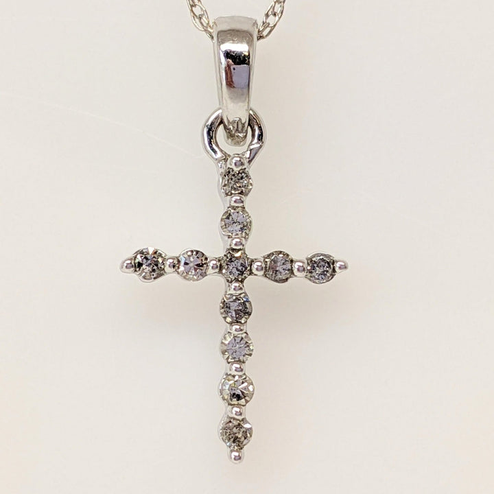 14K WHITE .08CTW DIAMOND ROUND (11) ESTATE CROSS PENDANT & CHAIN 1.3 GRAMS