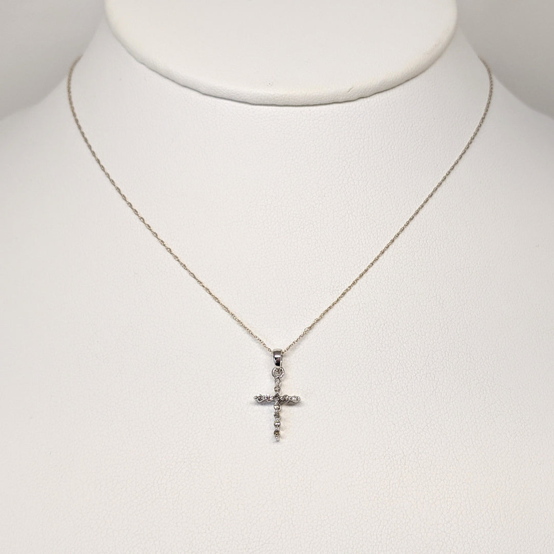 14K WHITE .08CTW DIAMOND ROUND (11) ESTATE CROSS PENDANT & CHAIN 1.3 GRAMS