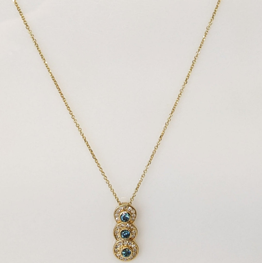 14K .65CTW I1-I2 BLUE (3) WHITE (29) BEZEL ESTATE PENDANT & CHAIN 3.6 GRAMS