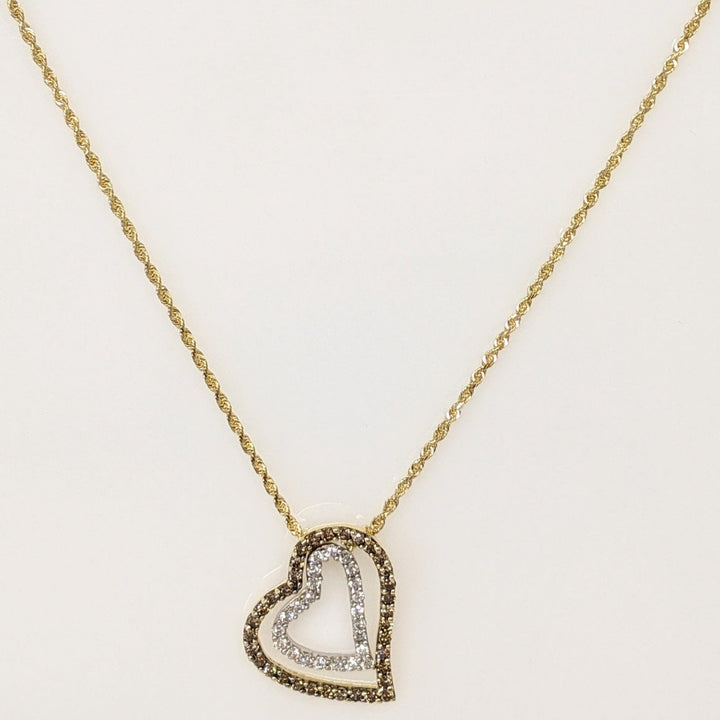 14K .85CTW DIAMOND ROUND WHITE/BROWN DOUBLE HEART ESTATE PENDANT & CHAIN 5.2 GRAMS