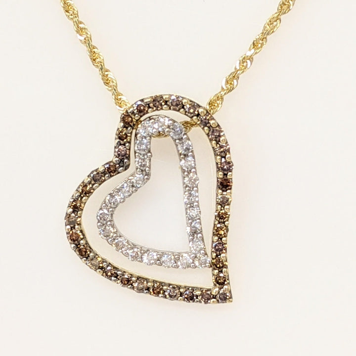 14K .85CTW DIAMOND ROUND WHITE/BROWN DOUBLE HEART ESTATE PENDANT & CHAIN 5.2 GRAMS