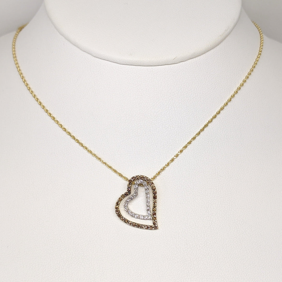 14K .85CTW DIAMOND ROUND WHITE/BROWN DOUBLE HEART ESTATE PENDANT & CHAIN 5.2 GRAMS