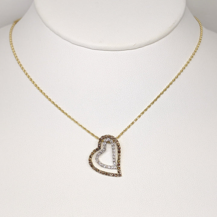 14K .85CTW DIAMOND ROUND WHITE/BROWN DOUBLE HEART ESTATE PENDANT & CHAIN 5.2 GRAMS