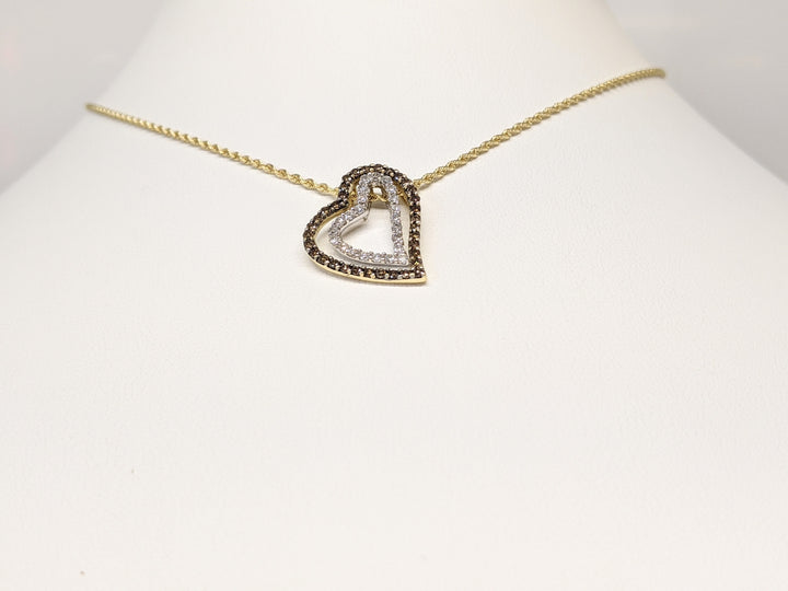 14K .85CTW DIAMOND ROUND WHITE/BROWN DOUBLE HEART ESTATE PENDANT & CHAIN 5.2 GRAMS