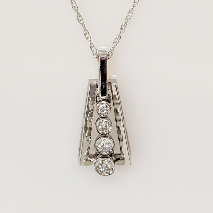 14K WHITE .17CTW SI1 H DIAMOND ROUND (4) BEZEL TRIANGLE ESTATE PENDANT & CHAIN 3.7 GRAMS