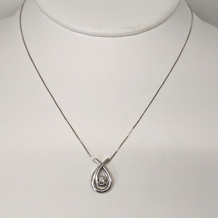 10K WHITE .06CT DIAMOND ROUND PEAR BYPASS ESTATE PENDANT & CHAIN 2.6 GRAMS