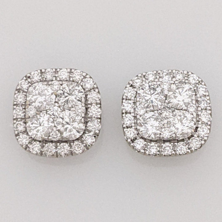 14K WHITE 1.50 CARAT TOTAL WEIGHT I1 G DIAMOND ROUND (54) ESTATE CLUSTER EARRINGS 4.7 GRAMS