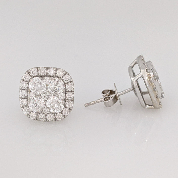 14K WHITE 1.50 CARAT TOTAL WEIGHT I1 G DIAMOND ROUND (54) ESTATE CLUSTER EARRINGS 4.7 GRAMS