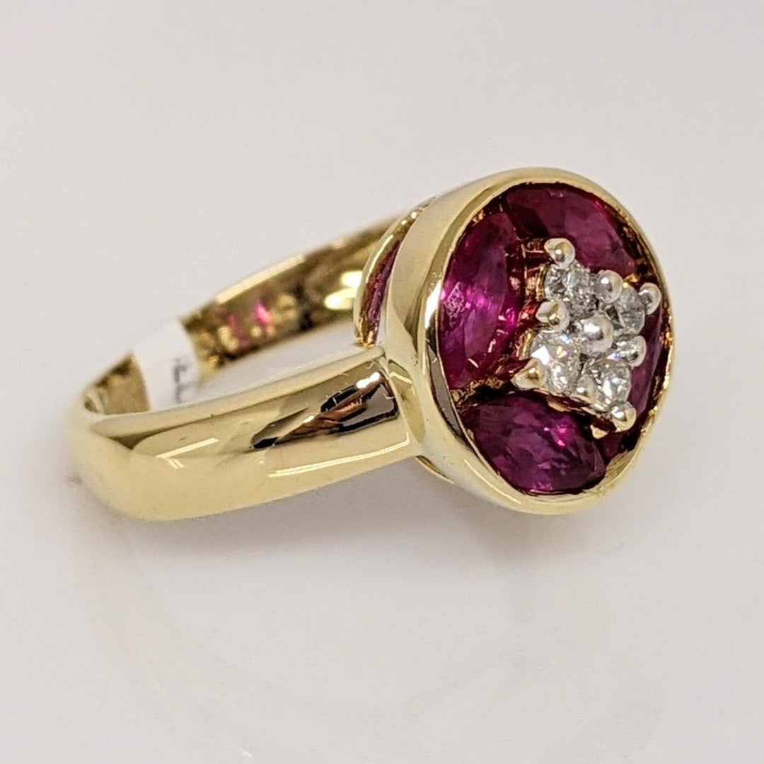 18K RUBY MARQUISE (4) 3X6 WITH .16DTW (4) ROUND ESTATE RING 4.7 GRAMS