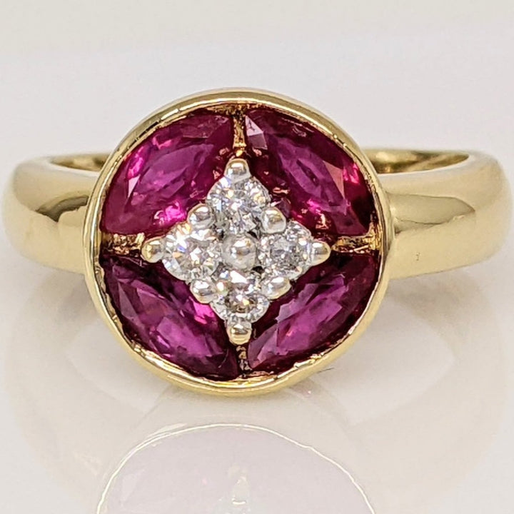 18K RUBY MARQUISE (4) 3X6 WITH .16DTW (4) ROUND ESTATE RING 4.7 GRAMS