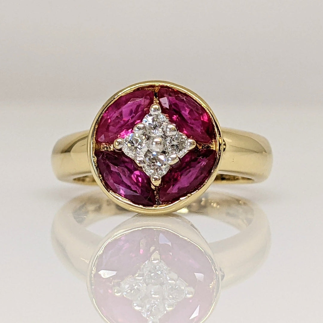 18K RUBY MARQUISE (4) 3X6 WITH .16DTW (4) ROUND ESTATE RING 4.7 GRAMS